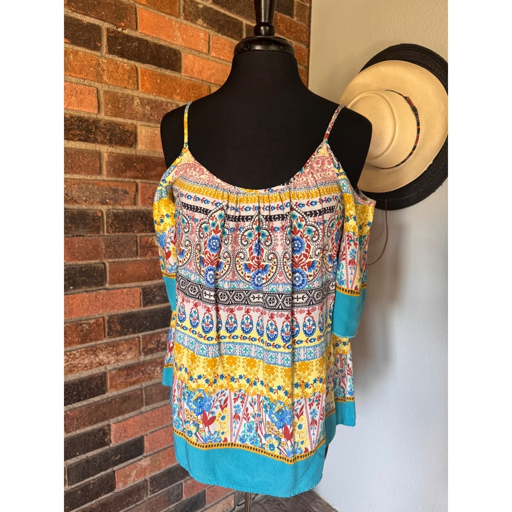 Pink Owl Boho Cold Shoulder Paisley Floral Top Medium Teal Yellow IT18065HGW